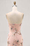 Blush Floral Strapless Sheath Long Bridesmaid Dress with Slit