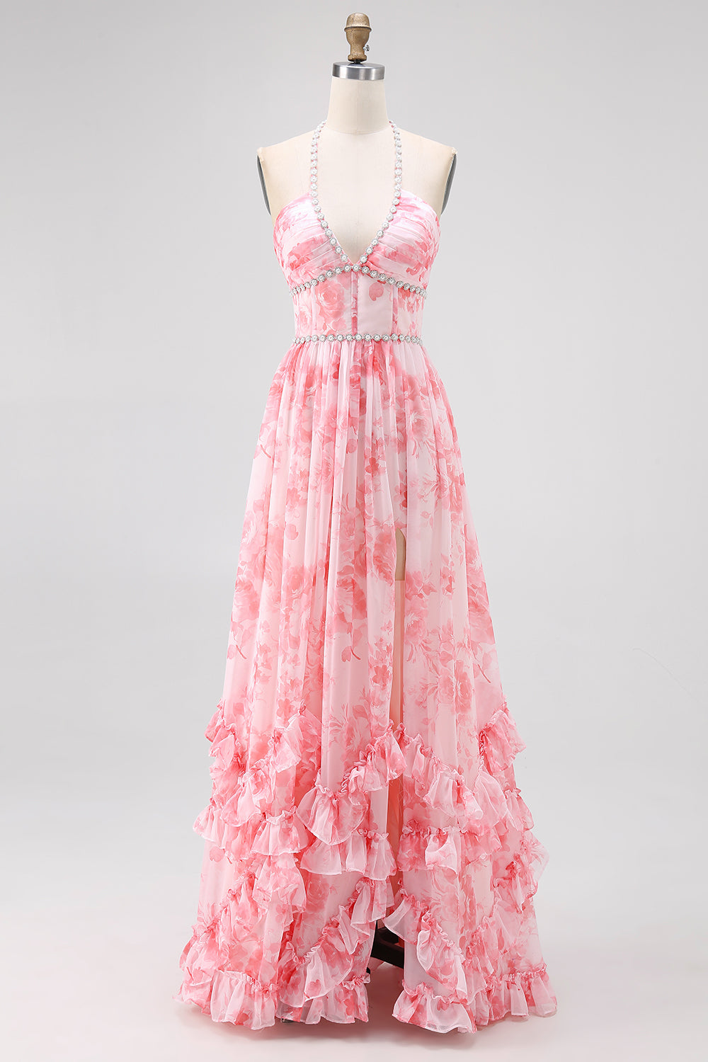Sparkly Blush Floral Beaded Long Bridesmaid Dress with Slit