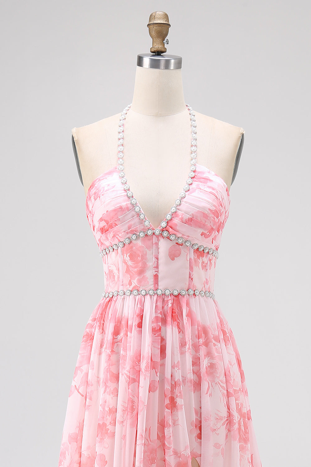 Sparkly Blush Floral Beaded Long Bridesmaid Dress with Slit
