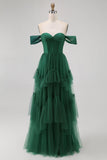 Dark Green Corset Tulle Tiered Ruffled A Line Long Bridesmaid Dress