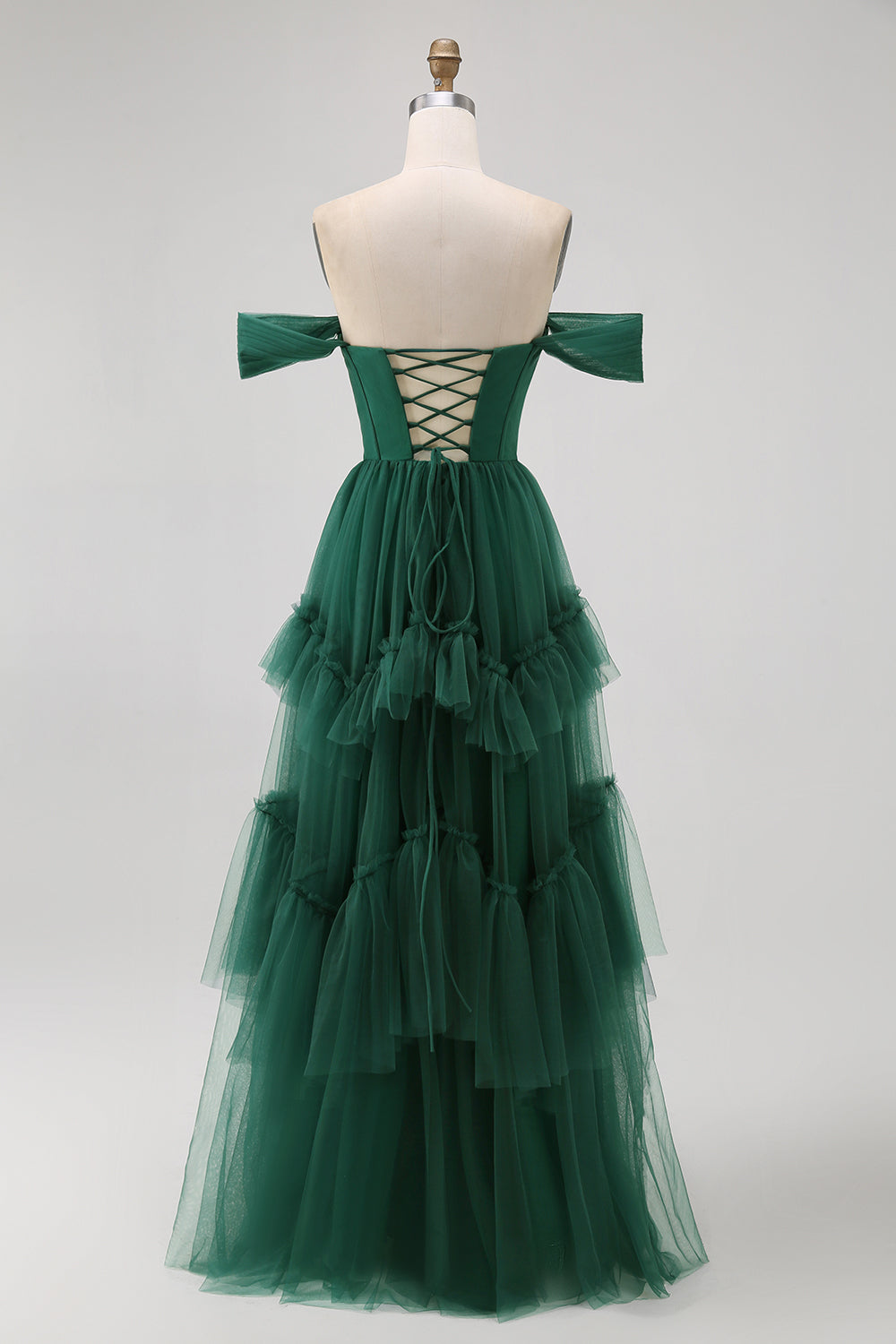 Dark Green Corset Tulle Tiered Ruffled A Line Long Bridesmaid Dress