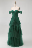 Dark Green Corset Tulle Tiered Ruffled A Line Long Bridesmaid Dress