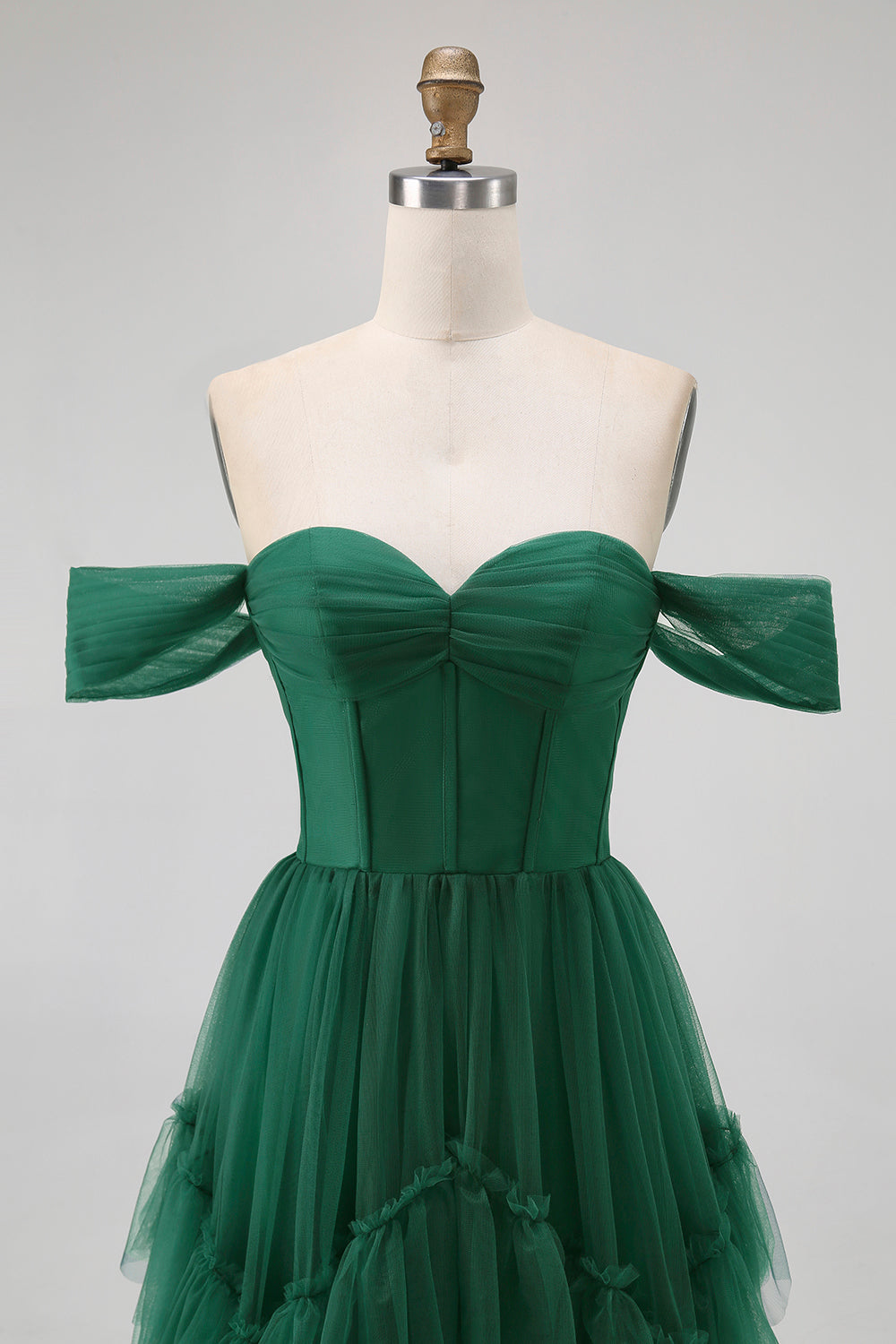 Dark Green Corset Tulle Tiered Ruffled A Line Long Bridesmaid Dress