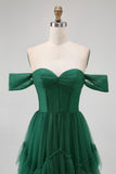 Dark Green Corset Tulle Tiered Ruffled A Line Long Bridesmaid Dress