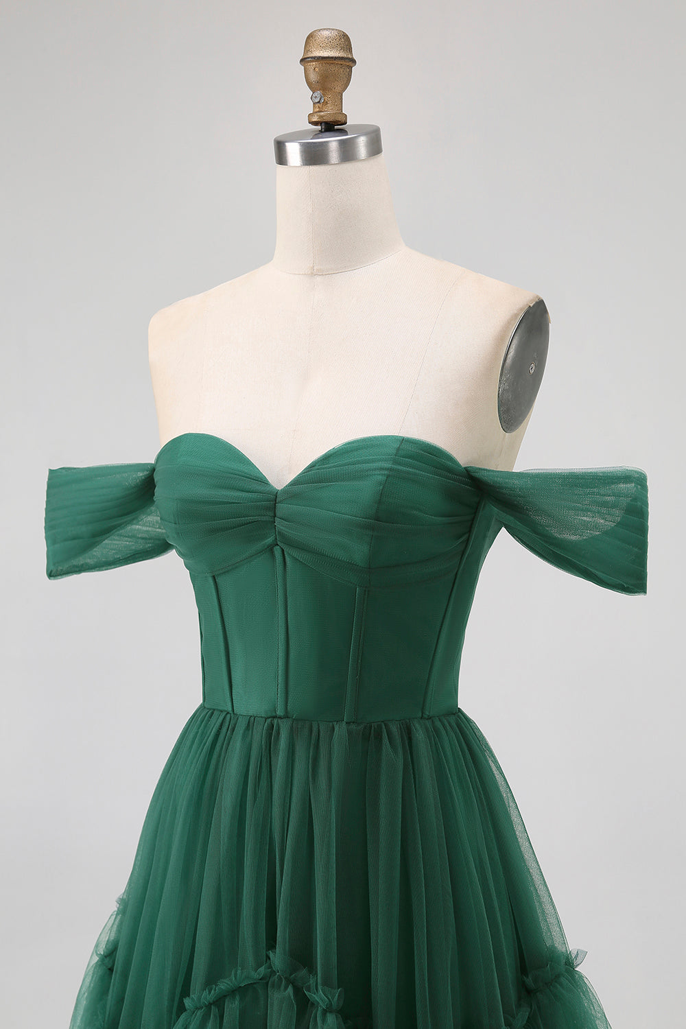 Dark Green Corset Tulle Tiered Ruffled A Line Long Bridesmaid Dress