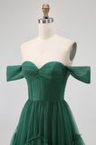 Dark Green Corset Tulle Tiered Ruffled A Line Long Bridesmaid Dress