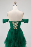 Dark Green Corset Tulle Tiered Ruffled A Line Long Bridesmaid Dress