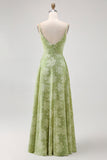 Sage Green Floral A Line Long Bridesmaid Dress with Slit