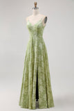 Sage Green Floral A Line Long Bridesmaid Dress with Slit