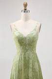 Sage Green Floral A Line Long Bridesmaid Dress with Slit