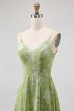 Sage Green Floral A Line Long Bridesmaid Dress with Slit