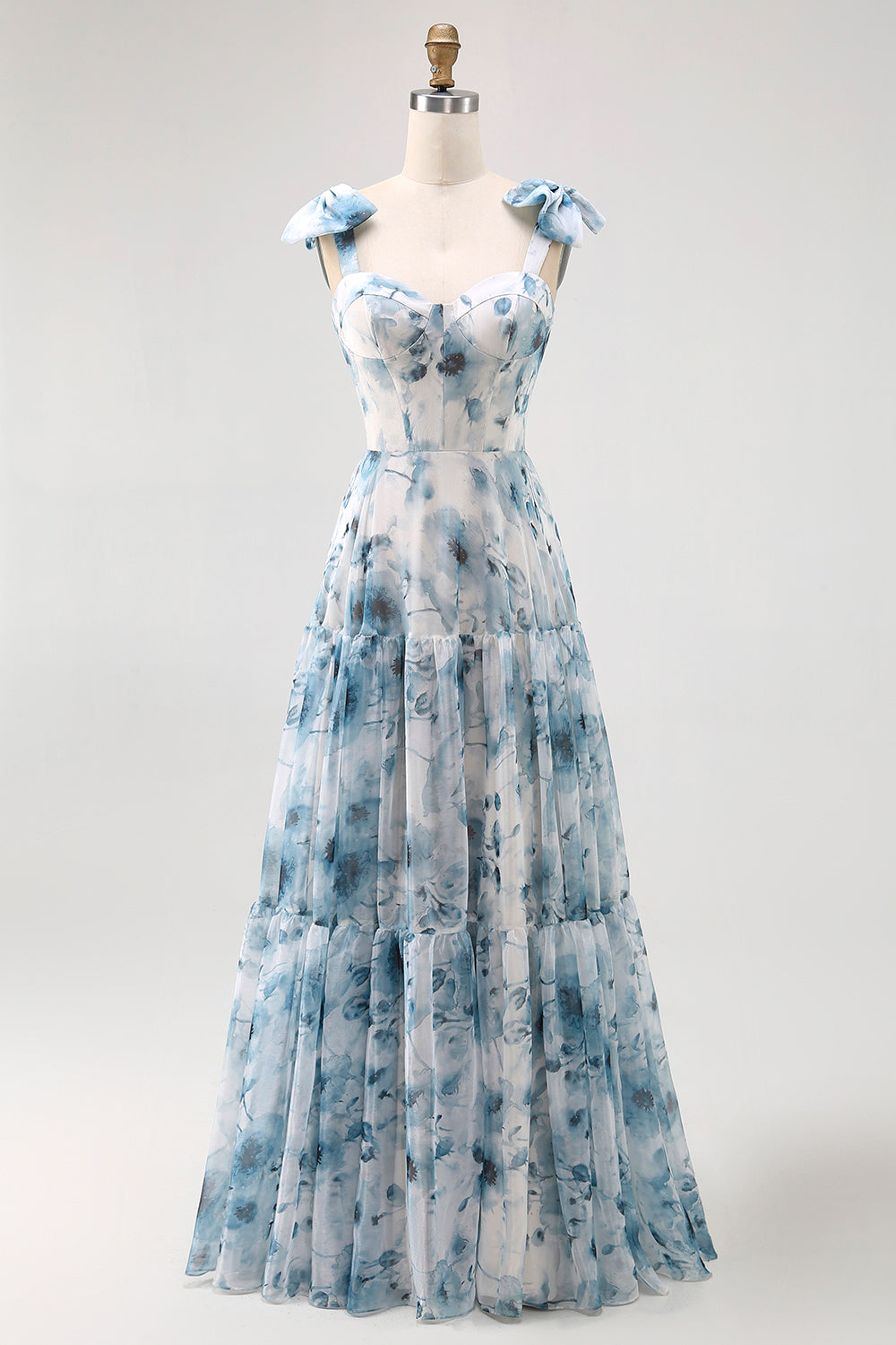 Blue Flower Printed A Line Long Bridesmaid Dress with Straps Bows