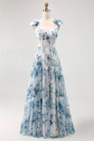 Blue Flower Printed A Line Long Bridesmaid Dress with Straps Bows