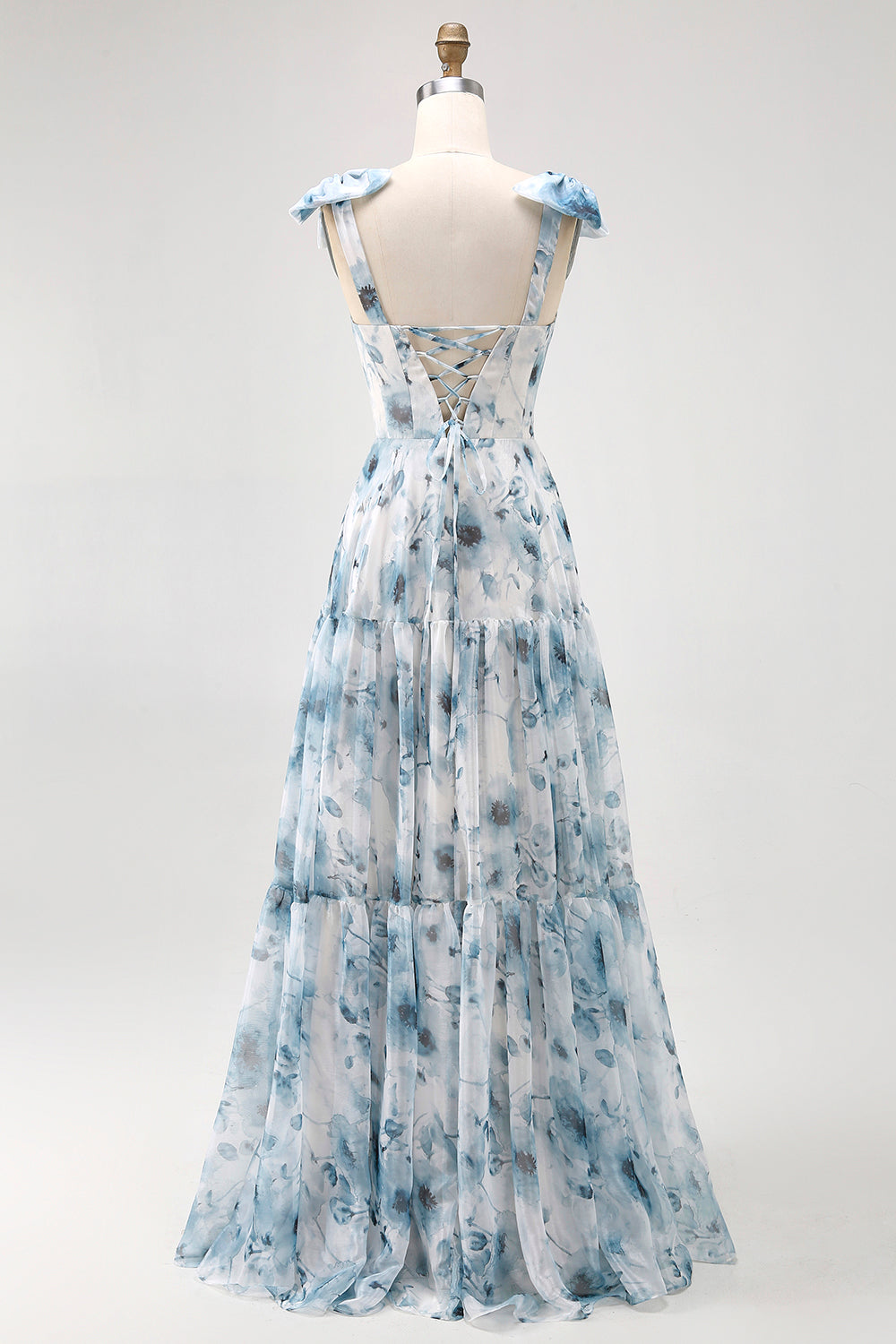 Blue Flower Printed A Line Long Bridesmaid Dress with Straps Bows