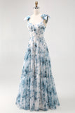 Blue Flower Printed A Line Long Bridesmaid Dress with Straps Bows