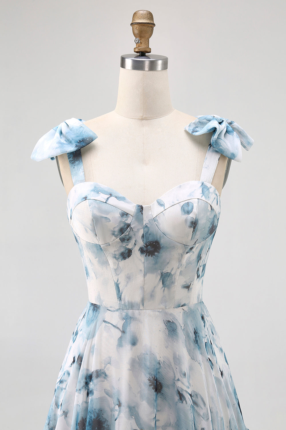 Blue Flower Printed A Line Long Bridesmaid Dress with Straps Bows