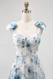 Blue Flower Printed A Line Long Bridesmaid Dress with Straps Bows
