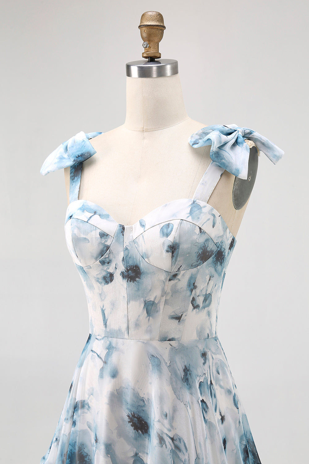 Blue Flower Printed A Line Long Bridesmaid Dress with Straps Bows