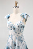 Blue Flower Printed A Line Long Bridesmaid Dress with Straps Bows