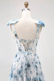 Blue Flower Printed A Line Long Bridesmaid Dress with Straps Bows
