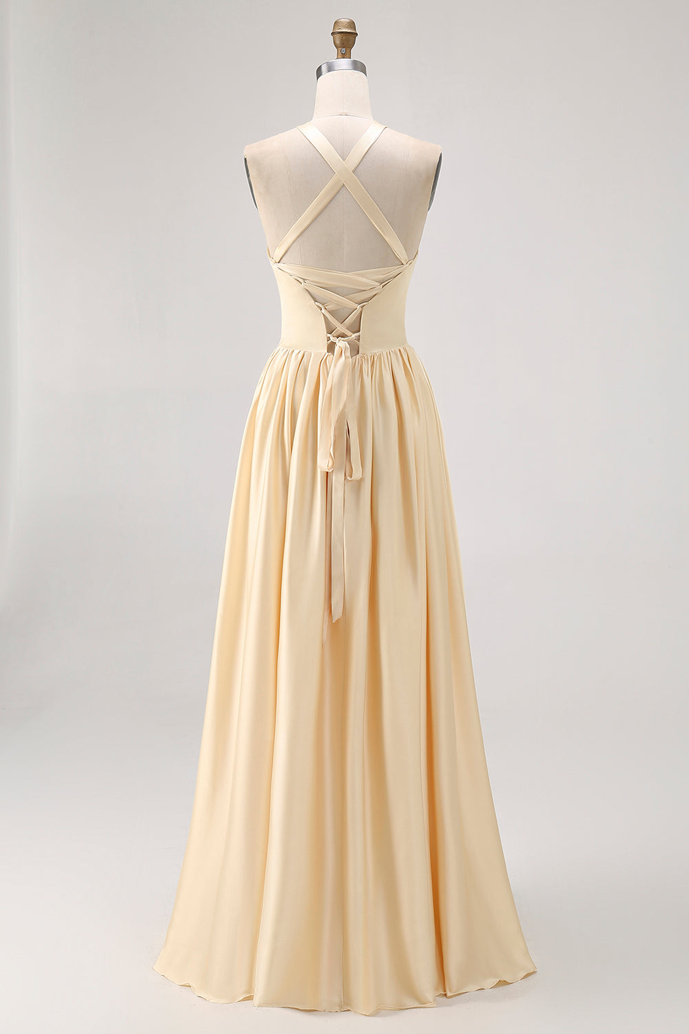 Daffodil Halter A Line Satin Long Bridesmaid Dress with Slit