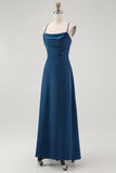 Dark Blue Spaghetti Straps A Line Long Bridesmaid Dress
