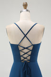 Dark Blue Spaghetti Straps A Line Long Bridesmaid Dress