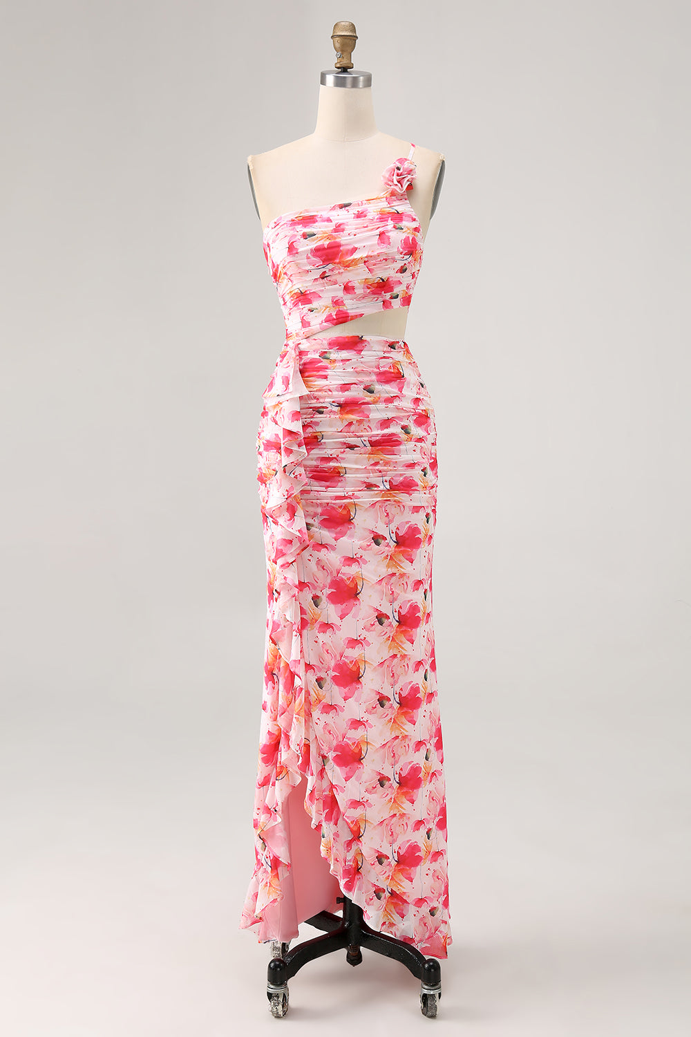 Red Floral Sheath Cut Out One Shoulder Printed Long Bridesmaid Dress