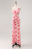 Red Floral Sheath Cut Out One Shoulder Printed Long Bridesmaid Dress