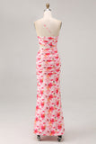 Red Floral Sheath Cut Out One Shoulder Printed Long Bridesmaid Dress