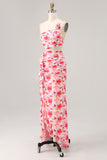 Red Floral Sheath Cut Out One Shoulder Printed Long Bridesmaid Dress