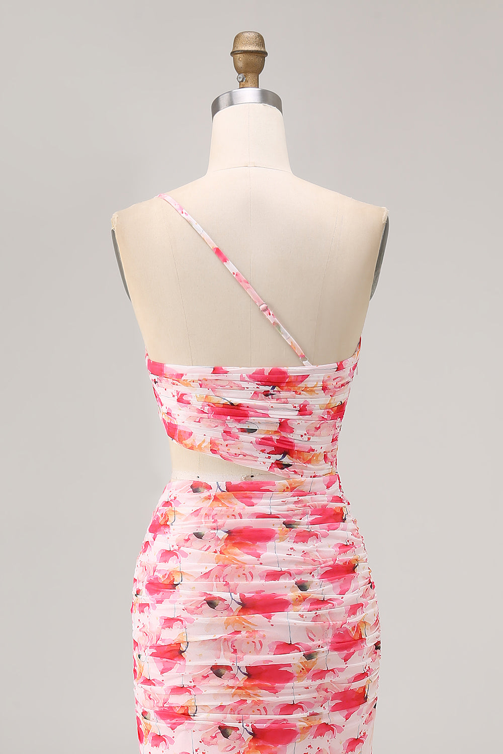 Red Floral Sheath Cut Out One Shoulder Printed Long Bridesmaid Dress