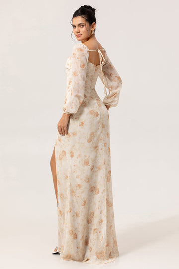 Yellow Floral Corset Sheath Long Bridesmaid Dress with Long Sleeves