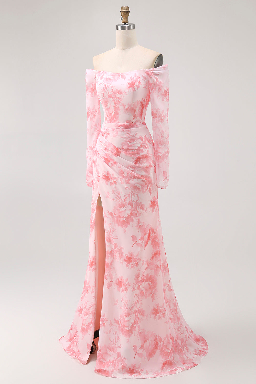 Pink Flower Mermaid Off The Shoulder Long Sleeves Bridesmaid Dress with Slit