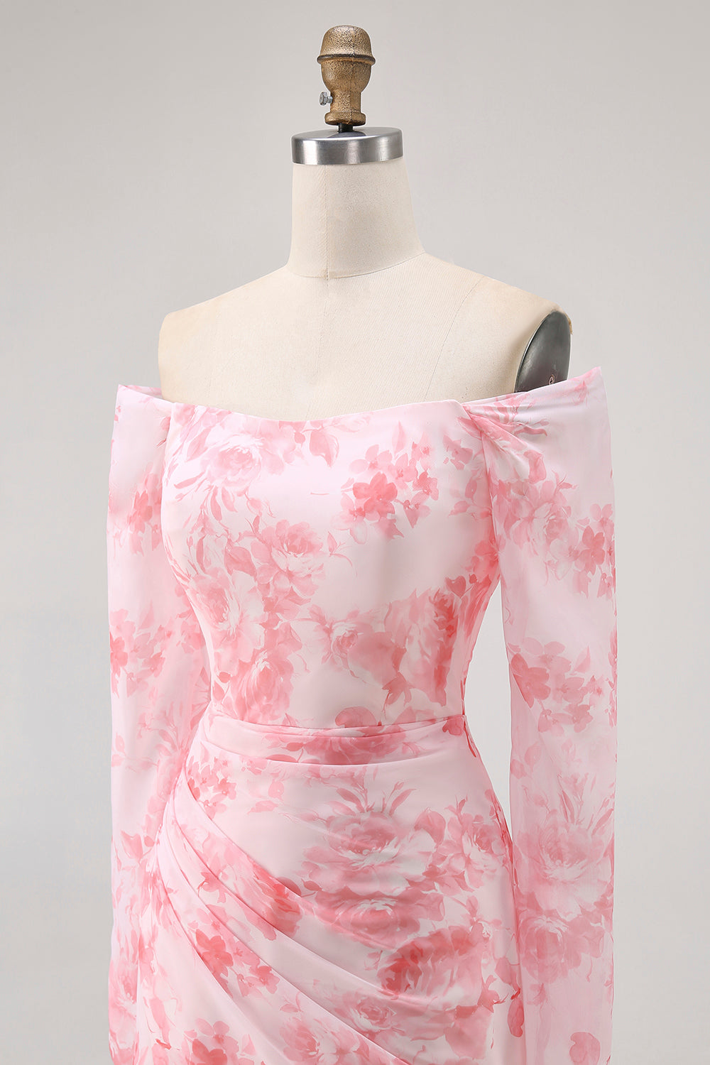 Pink Flower Mermaid Off The Shoulder Long Sleeves Bridesmaid Dress with Slit