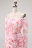 Pink Flower Mermaid Off The Shoulder Long Sleeves Bridesmaid Dress with Slit