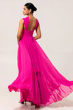 Fuchsia A Line Convertible Chiffon Long Bridesmaid Dress with Slit