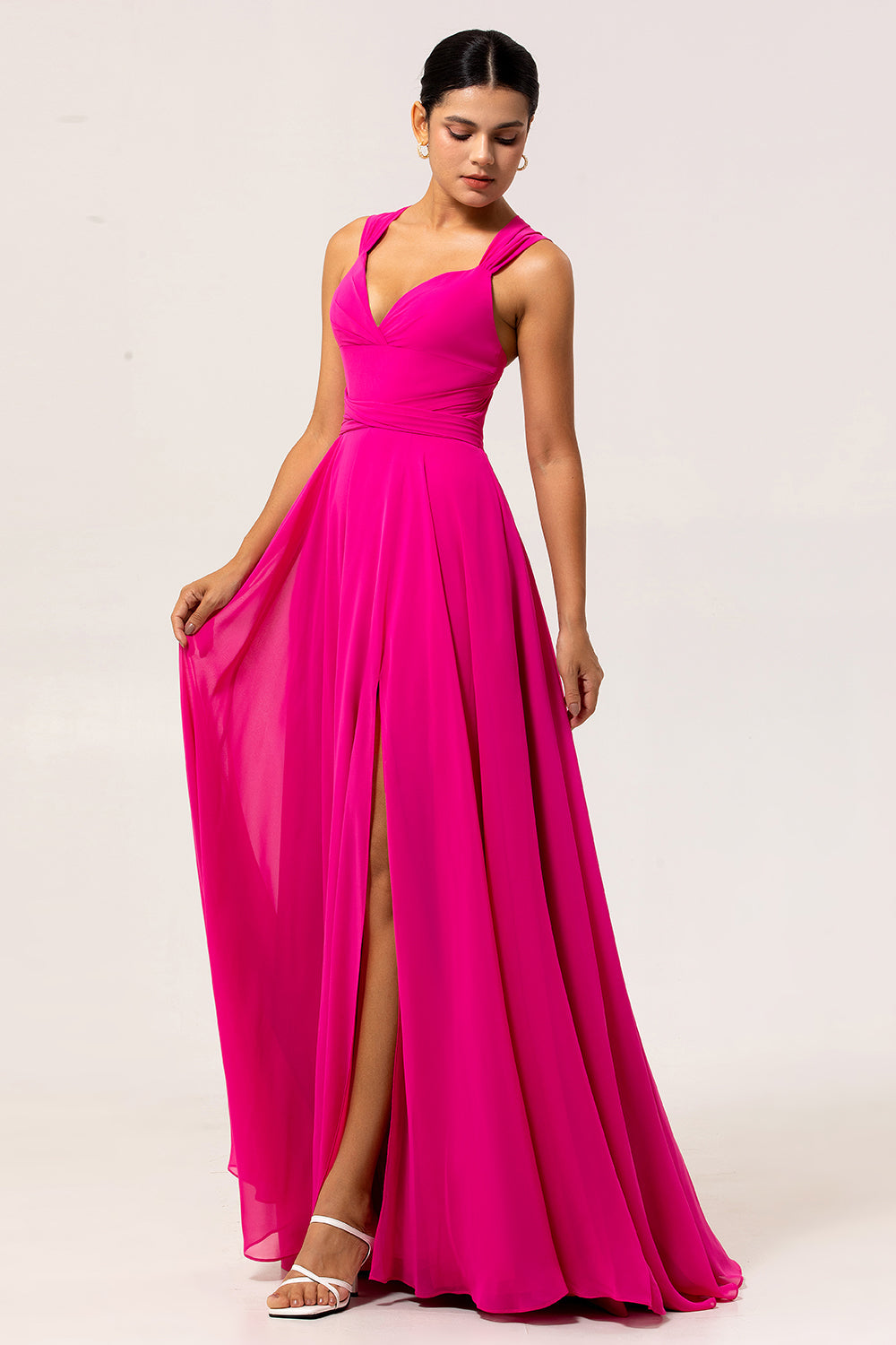 Fuchsia A Line Convertible Chiffon Long Bridesmaid Dress with Slit
