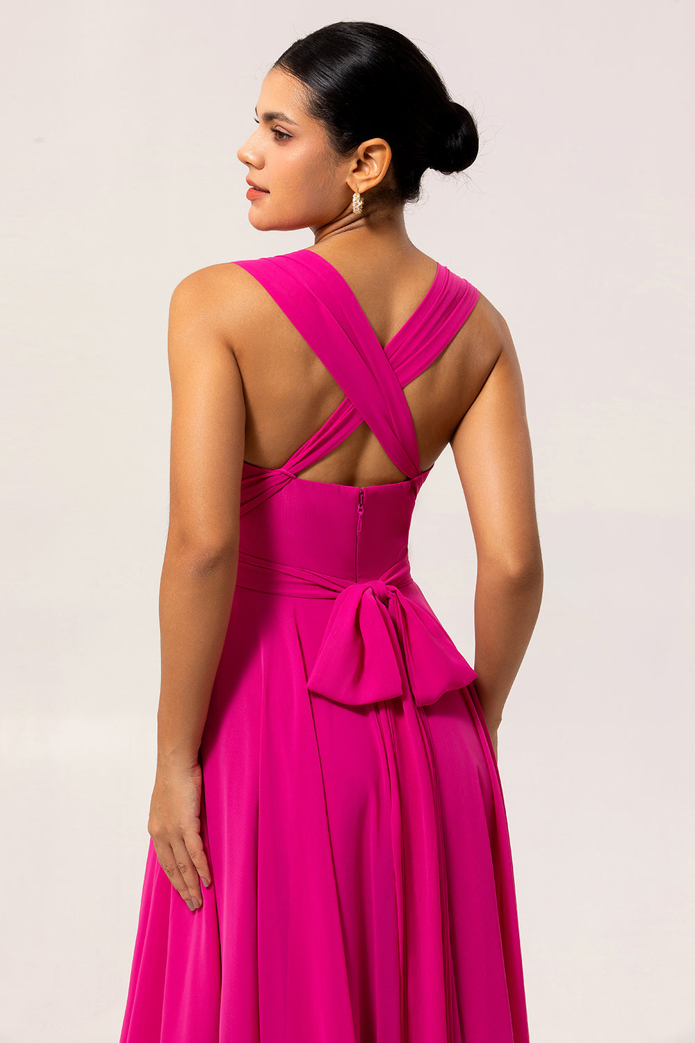 Fuchsia A Line Convertible Chiffon Long Bridesmaid Dress with Slit