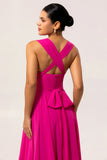Fuchsia A Line Convertible Chiffon Long Bridesmaid Dress with Slit