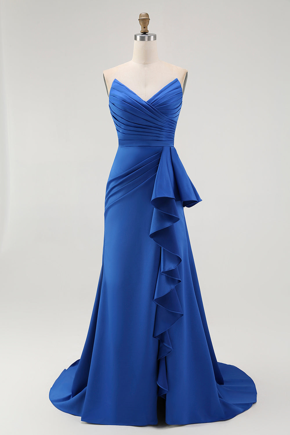 Royal Blue Strapless A Line Ruffled Long Formal Dress with Sash
