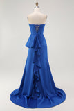 Royal Blue Strapless A Line Ruffled Long Formal Dress with Sash
