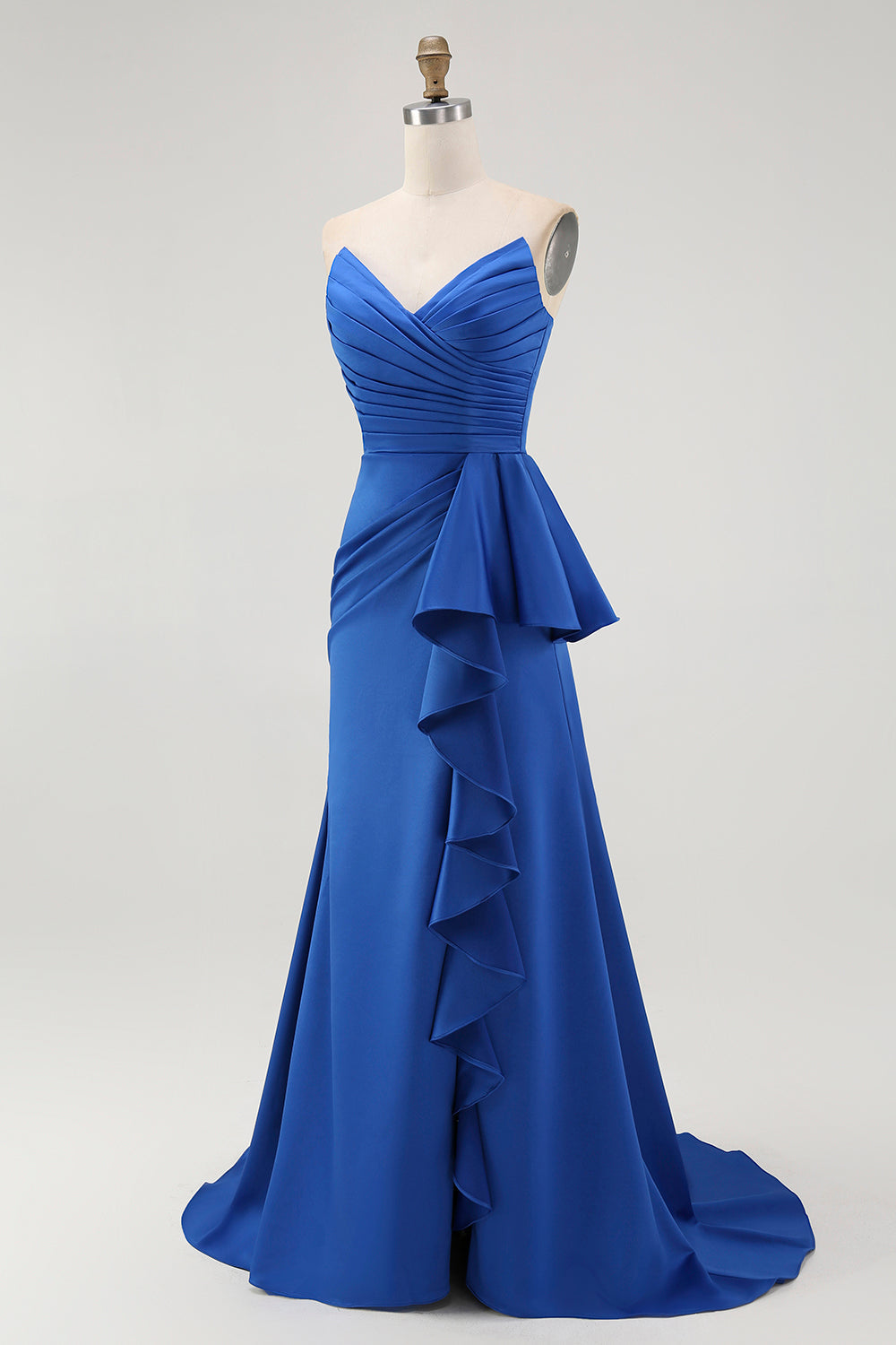 Royal Blue Strapless A Line Ruffled Long Formal Dress with Sash