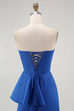 Royal Blue Strapless A Line Ruffled Long Formal Dress with Sash