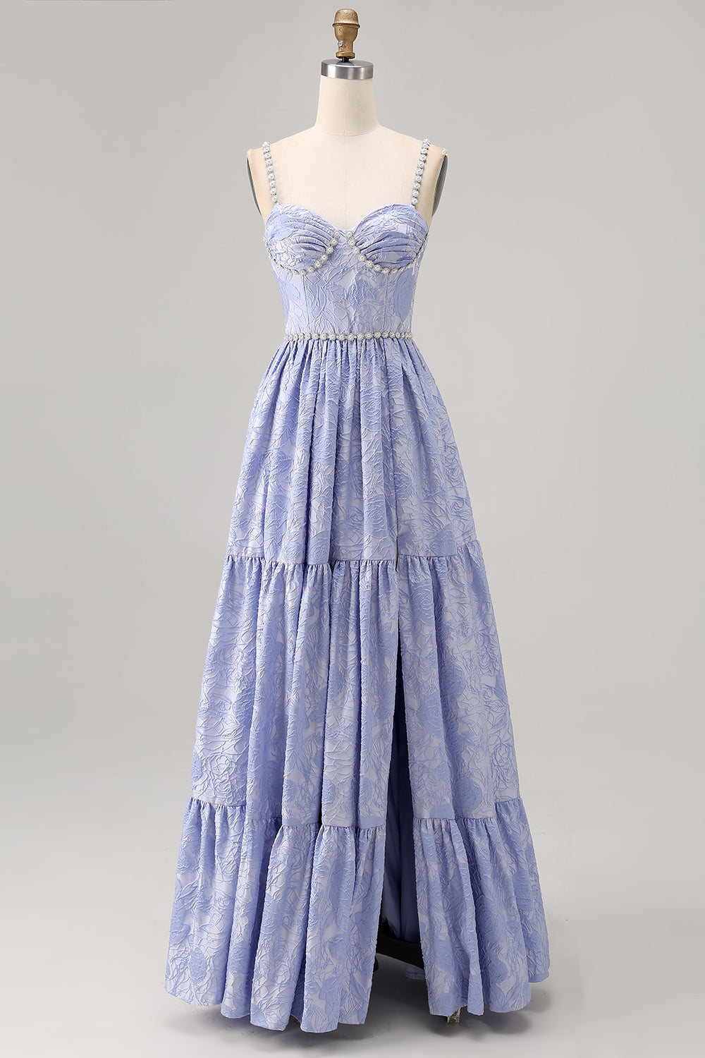 Sparkly Blue Flower Printed A Line Long Bridesmaid Dress with Slit
