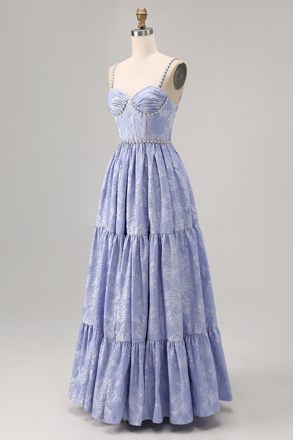 Sparkly Blue Flower Printed A Line Long Bridesmaid Dress with Slit