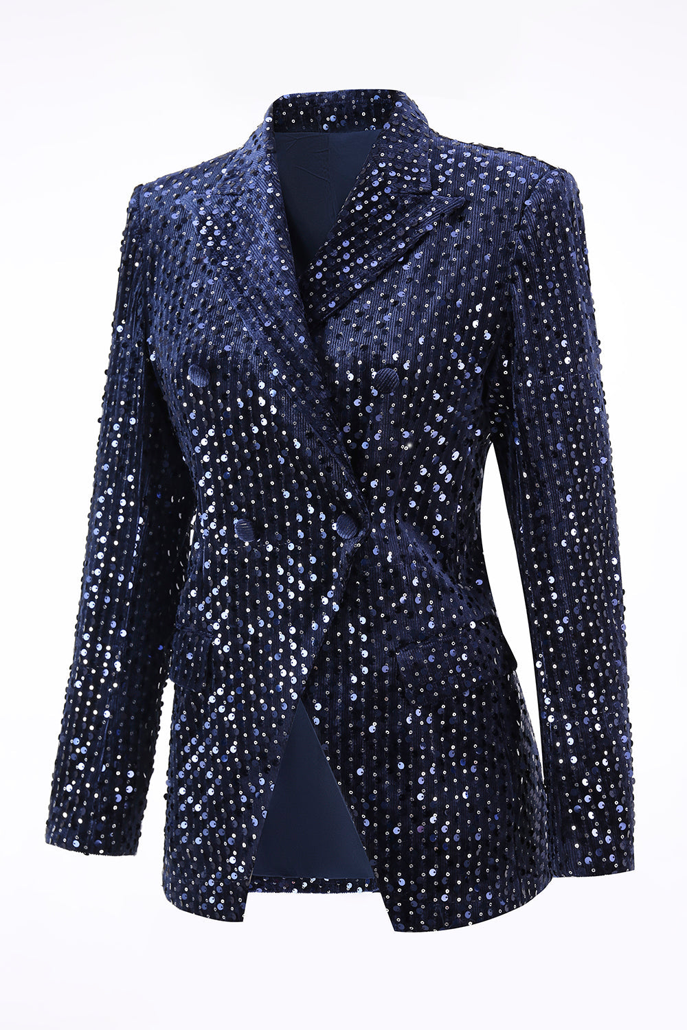 2 Piece Sequin Peak Lapel Double Breasted Navy Women's Prom Suit