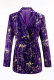 Sparkly Purple Velvet Notched Lapel Slim Fit Women 2-Piece Work Suits