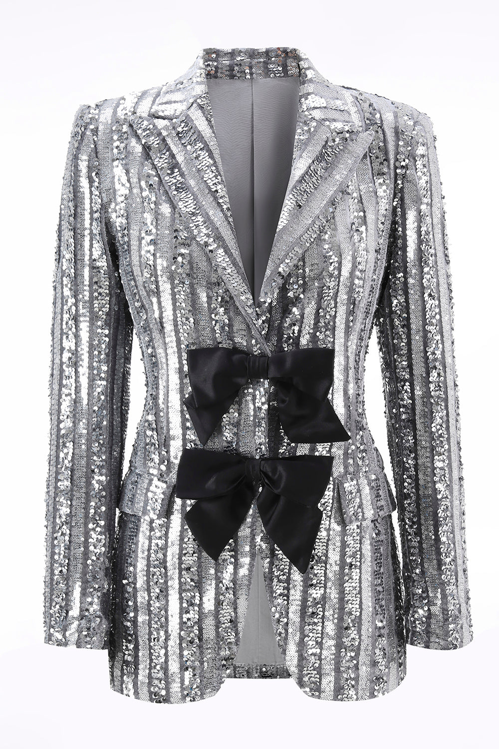 Sparkly Silver Grey Peak Lapel Women's Prom Blazer with Bows