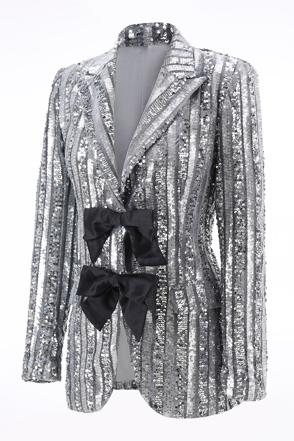Sparkly Silver Grey Peak Lapel Women's Prom Blazer with Bows